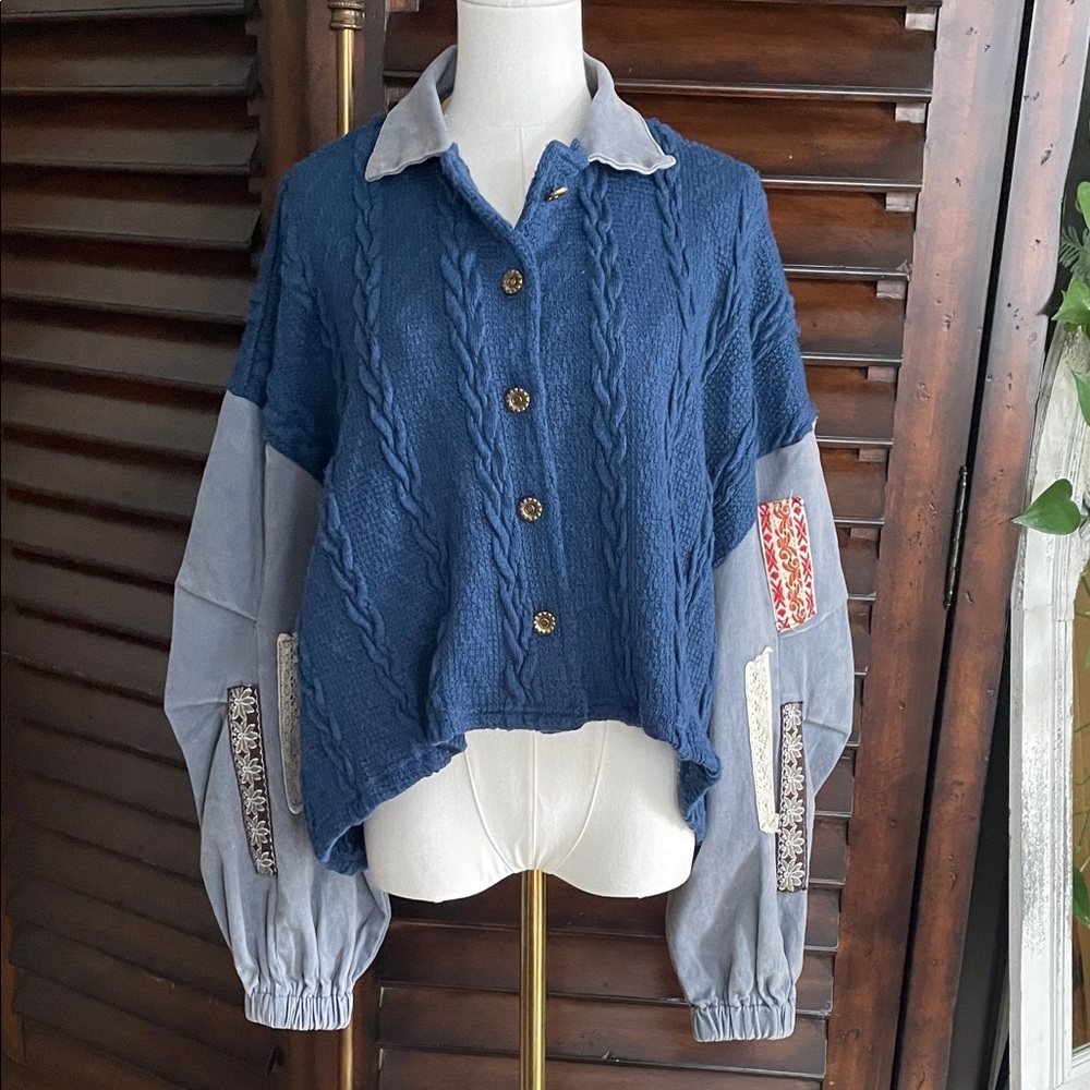 POL Blue and Gray Cable Knit Button-Up Sweater Jacket Large Oversized Gorgeous - Picture 1 of 9